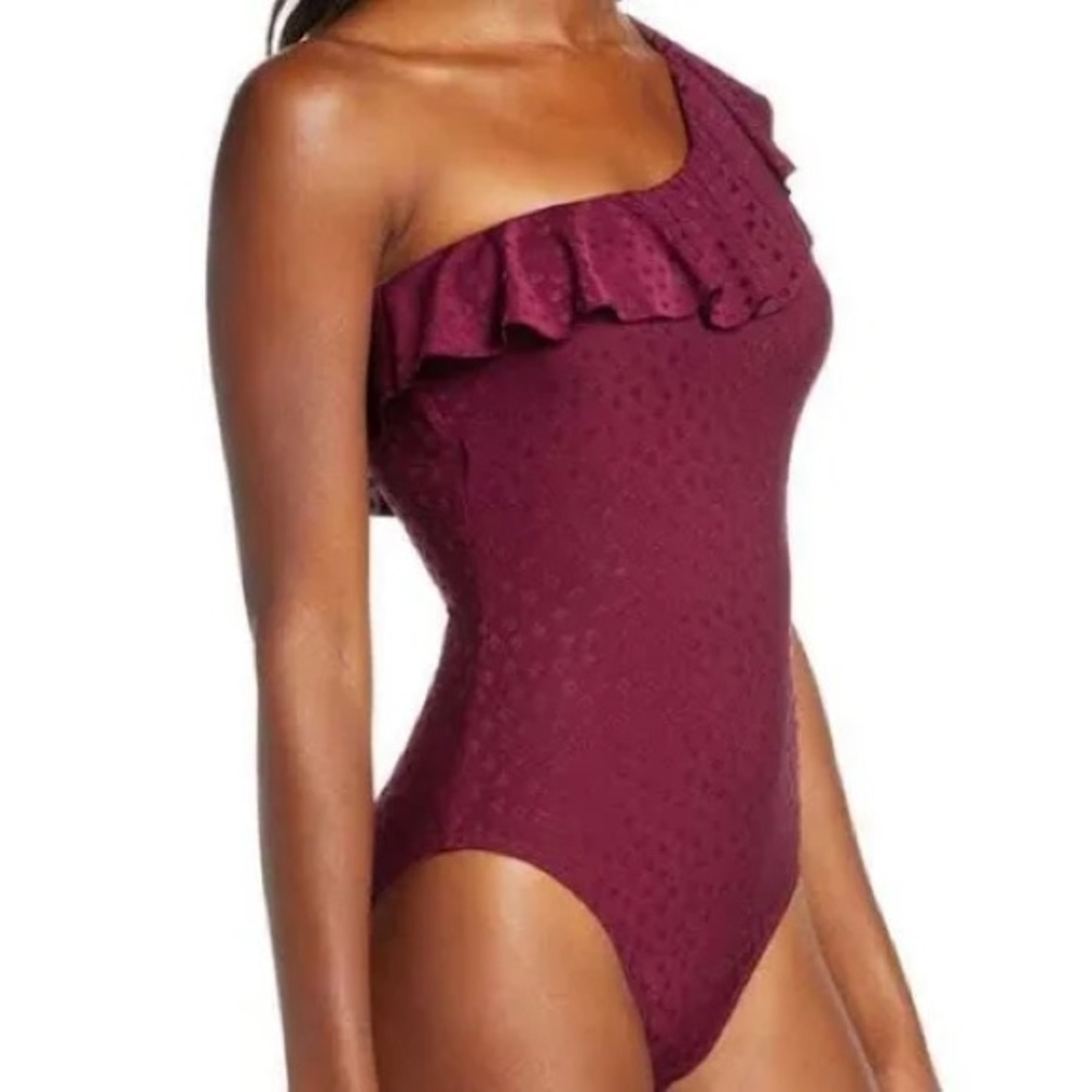 Robin Piccone Julianna Dot Eggplant Ruffle One Shoulder One-Piece Size 14